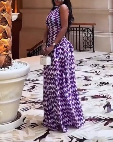 Mesh Dress In Purple ( White Zigzag Print )