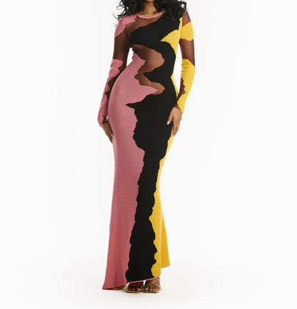 Long sleeve color block knitted dress