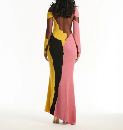 Long sleeve color block knitted dress