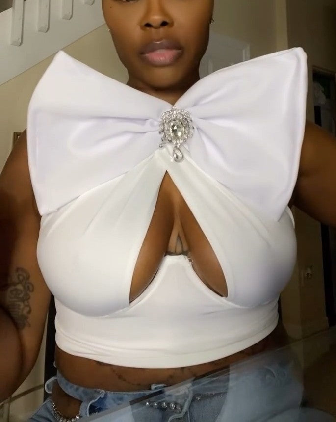 Distressed Crystal Bow Halter Top in White