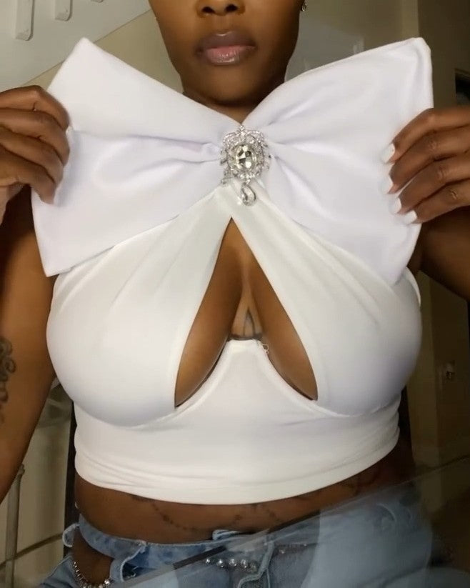 Distressed Crystal Bow Halter Top in White