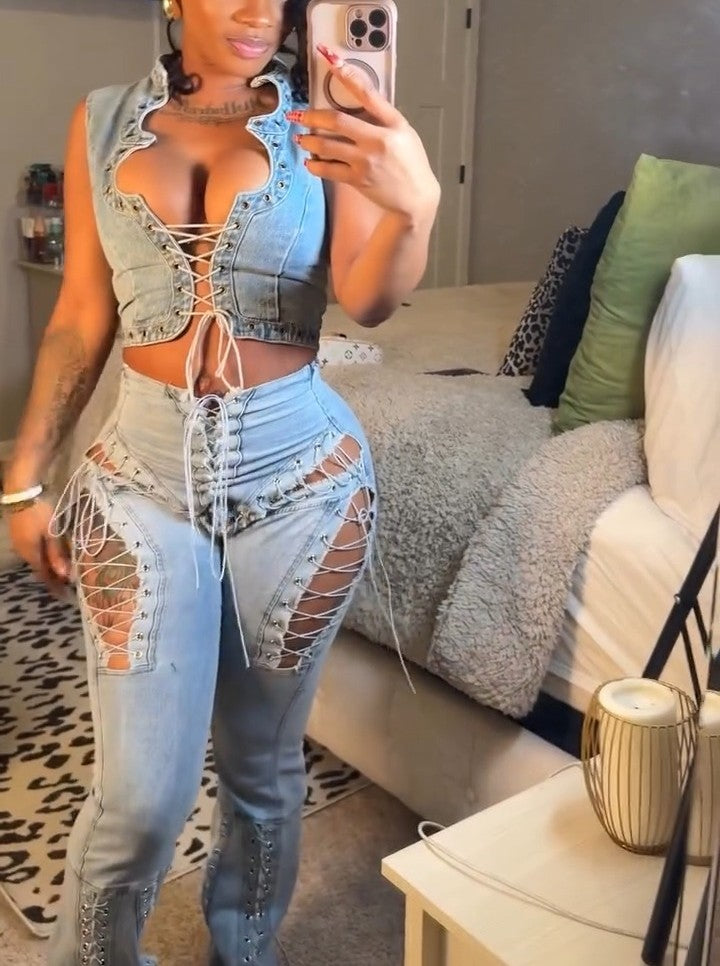 Sexy Lace-Up Denim Set
