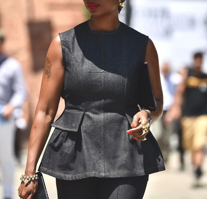 Backless Denim Peplum Two Pieces Set