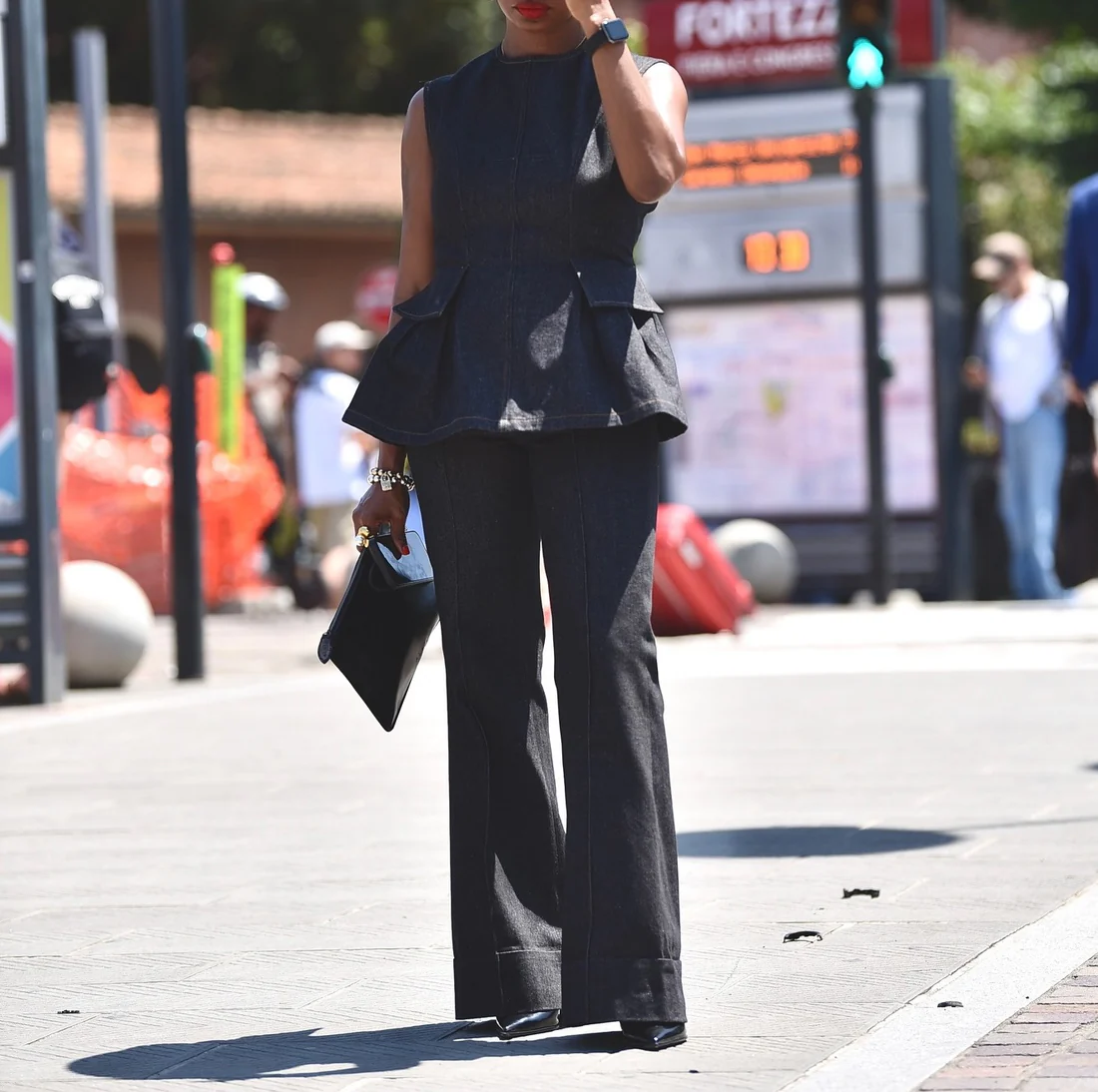 Backless Denim Peplum Two Pieces Set