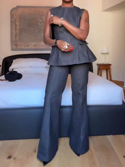 Backless Denim Peplum Two Pieces Set