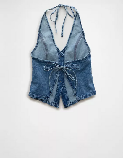 Denim V-Neck Halter Vest