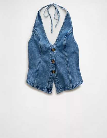 Denim V-Neck Halter Vest
