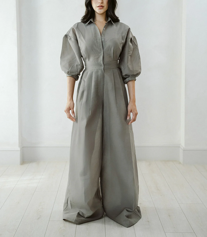 Pleated Puff Sleeve Jumpsuit