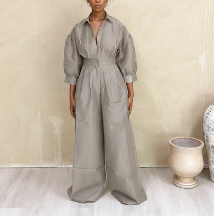 Pleated Puff Sleeve Jumpsuit