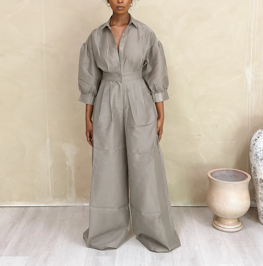 Pleated Puff Sleeve Jumpsuit