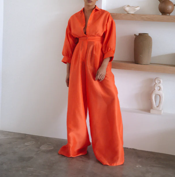 Pleated Puff Sleeve Jumpsuit