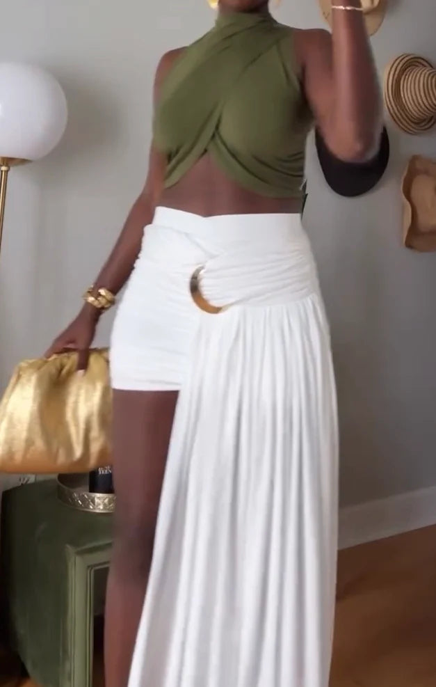 Irregular Sleeveless Top + Pleated Long Skirt