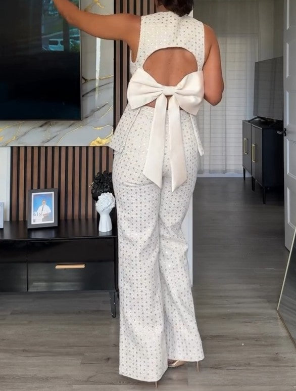 Embellished Boucle Pants In Cream  Set