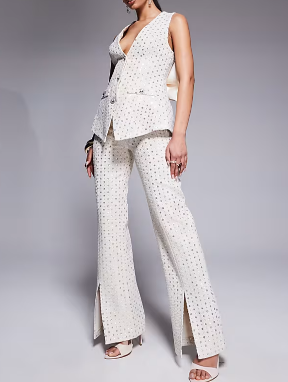 Embellished Boucle Pants In Cream  Set