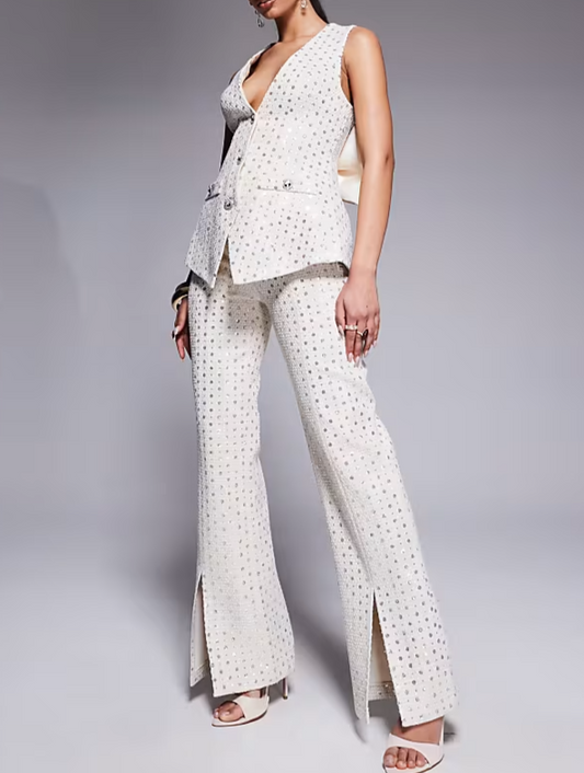 Embellished Boucle Pants In Cream  Set