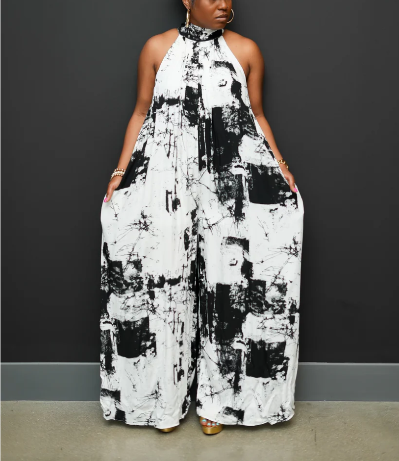 White and Black Print Jumpsuit