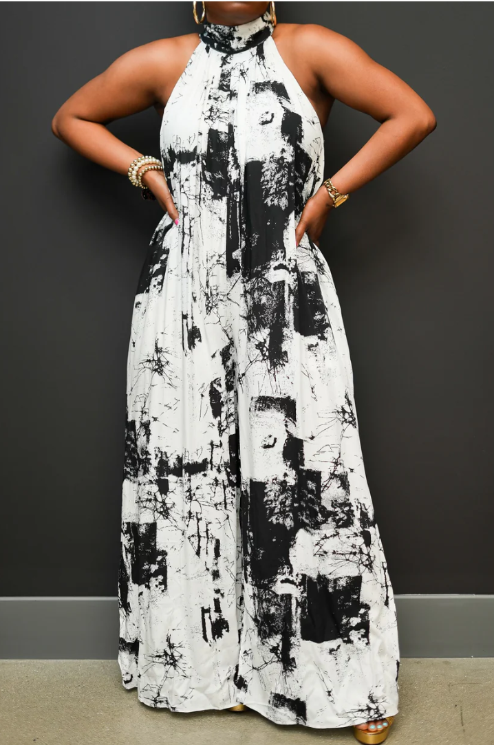 White and Black Print Jumpsuit