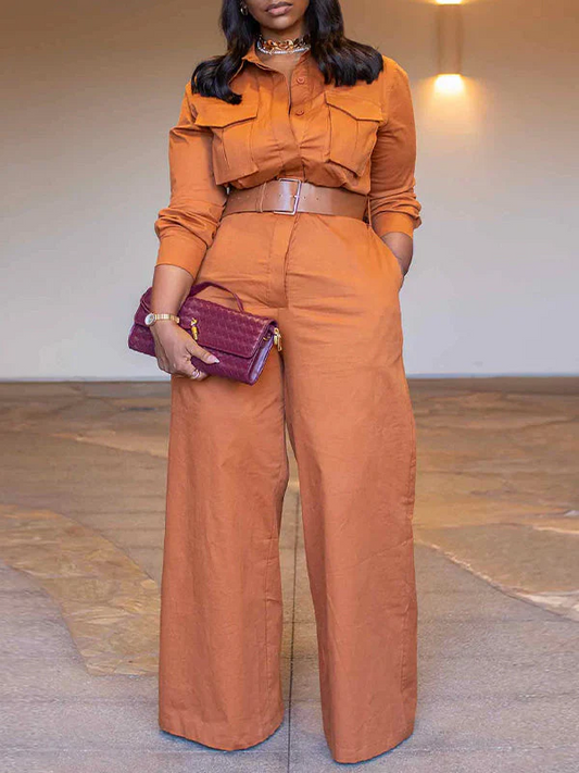 Solid Wide-Leg Cargo Jumpsuit