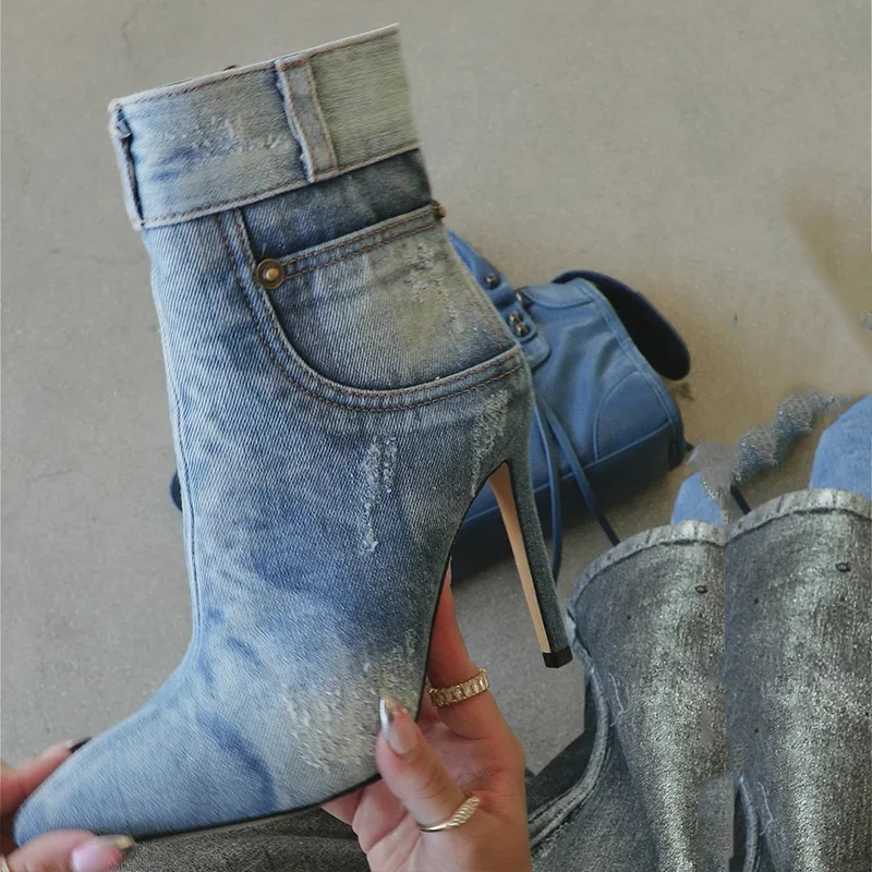 Blue Patchwork Denim Boots Pointed Toe Stiletto Booties