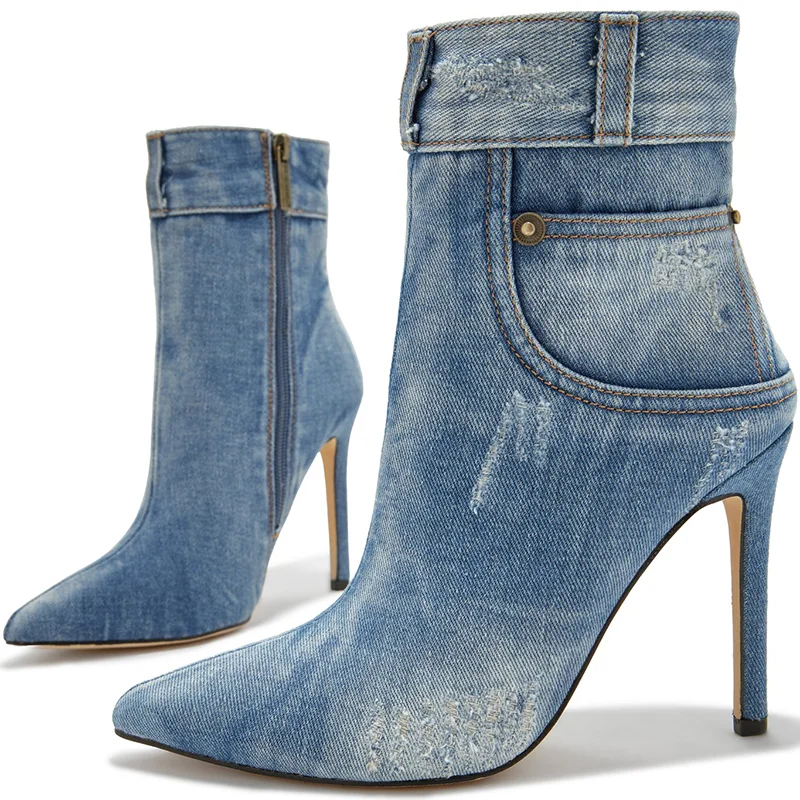 Blue Patchwork Denim Boots Pointed Toe Stiletto Booties