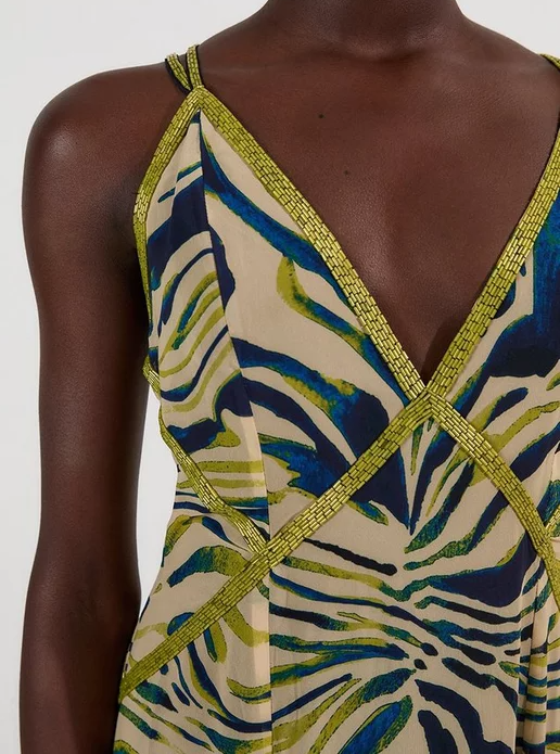 Animal Print Embellished Strappy Woven Maxi Dress