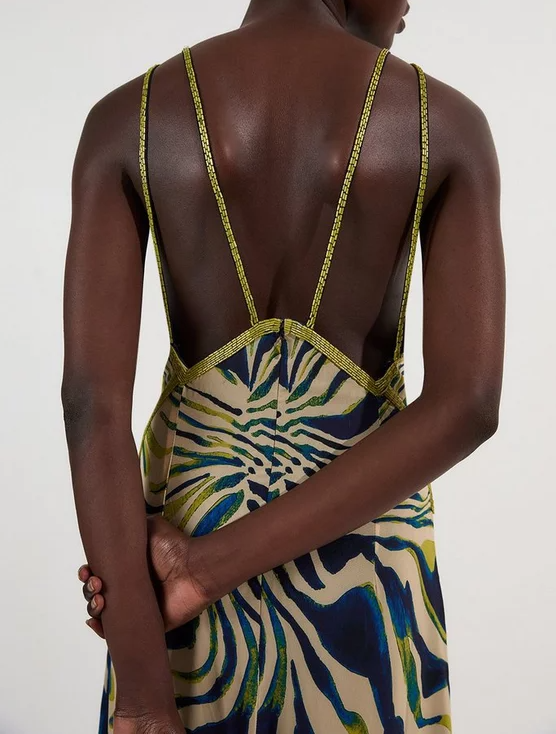 Animal Print Embellished Strappy Woven Maxi Dress