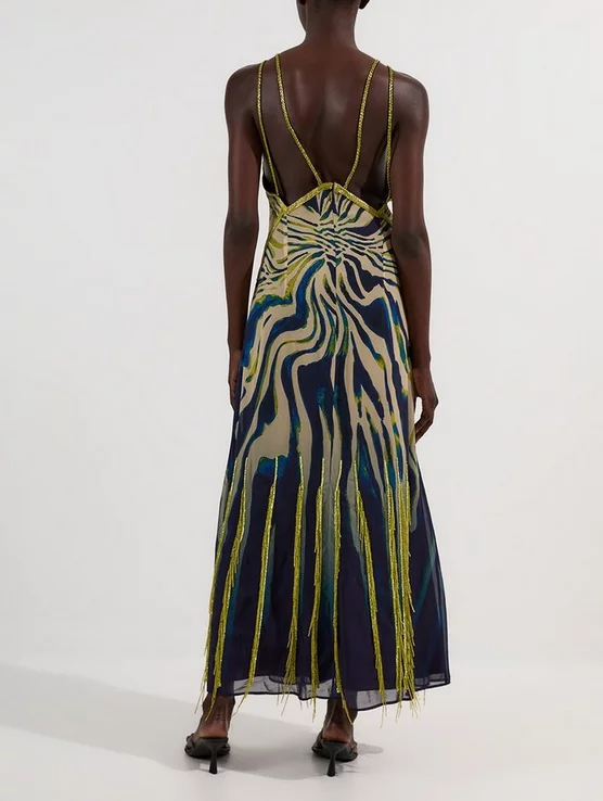 Animal Print Embellished Strappy Woven Maxi Dress