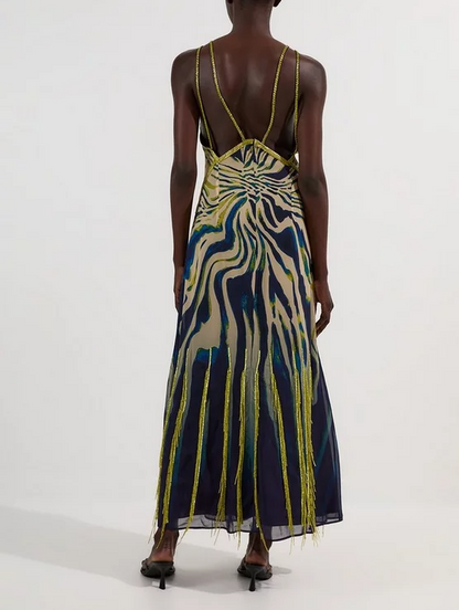 Animal Print Embellished Strappy Woven Maxi Dress
