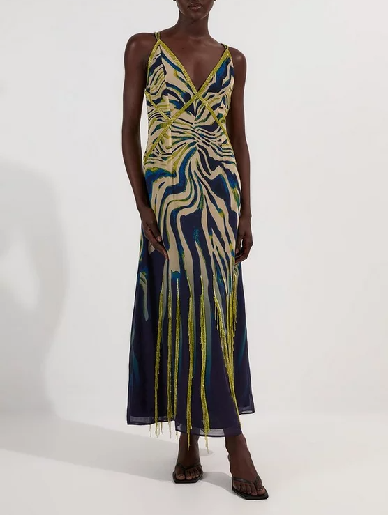 Animal Print Embellished Strappy Woven Maxi Dress