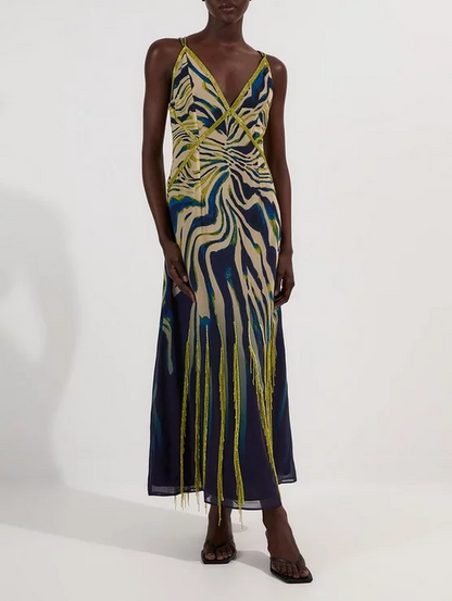 Animal Print Embellished Strappy Woven Maxi Dress