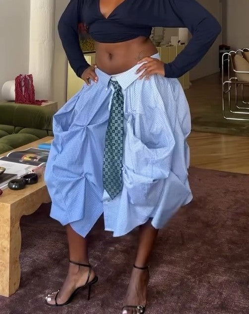 Shirt Pleated Skirt And Tie Belt