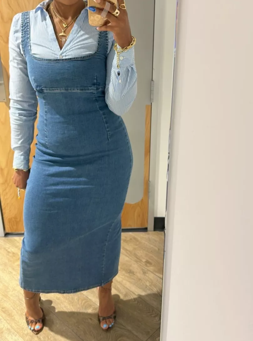 Striped Top + Stretchy Denim Suspender Dress