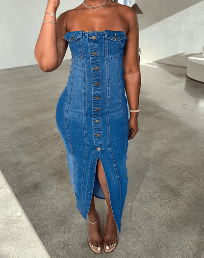 Stretchy Button Denim Dress