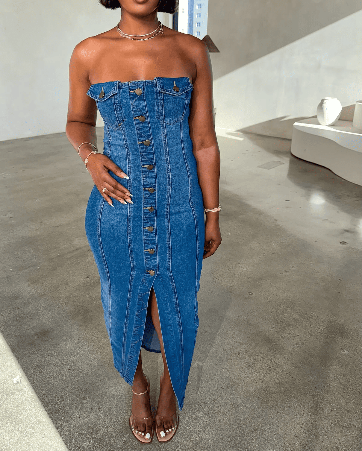 Stretchy Button Denim Dress