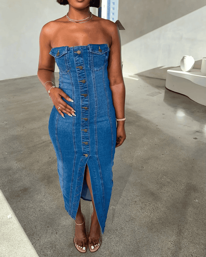 Stretchy Button Denim Dress