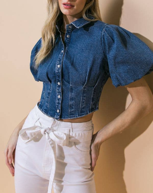 Denim Puff Sleeve Top + Denim Sleeveless Dress