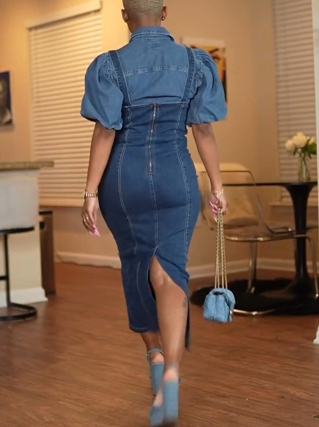Denim Puff Sleeve Top + Denim Sleeveless Dress