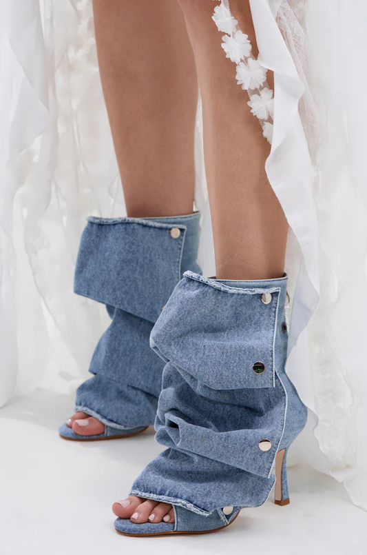 Denim Open Toe Snap Bootie