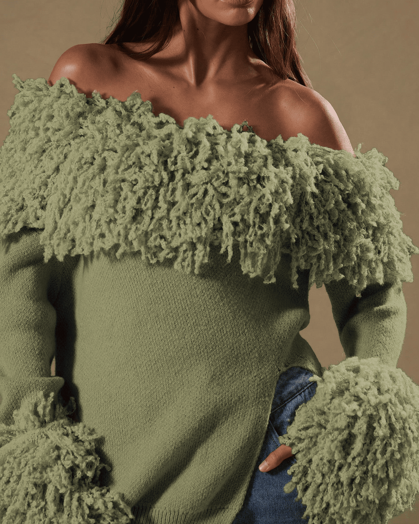 Shaggy Knit Asymmetrical Shoulder Top
