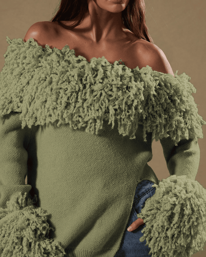 Shaggy Knit Asymmetrical Shoulder Top