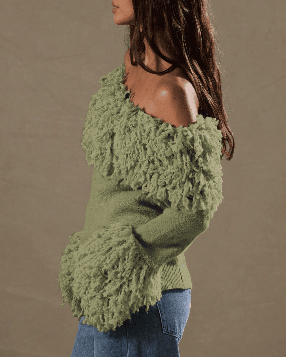 Shaggy Knit Asymmetrical Shoulder Top