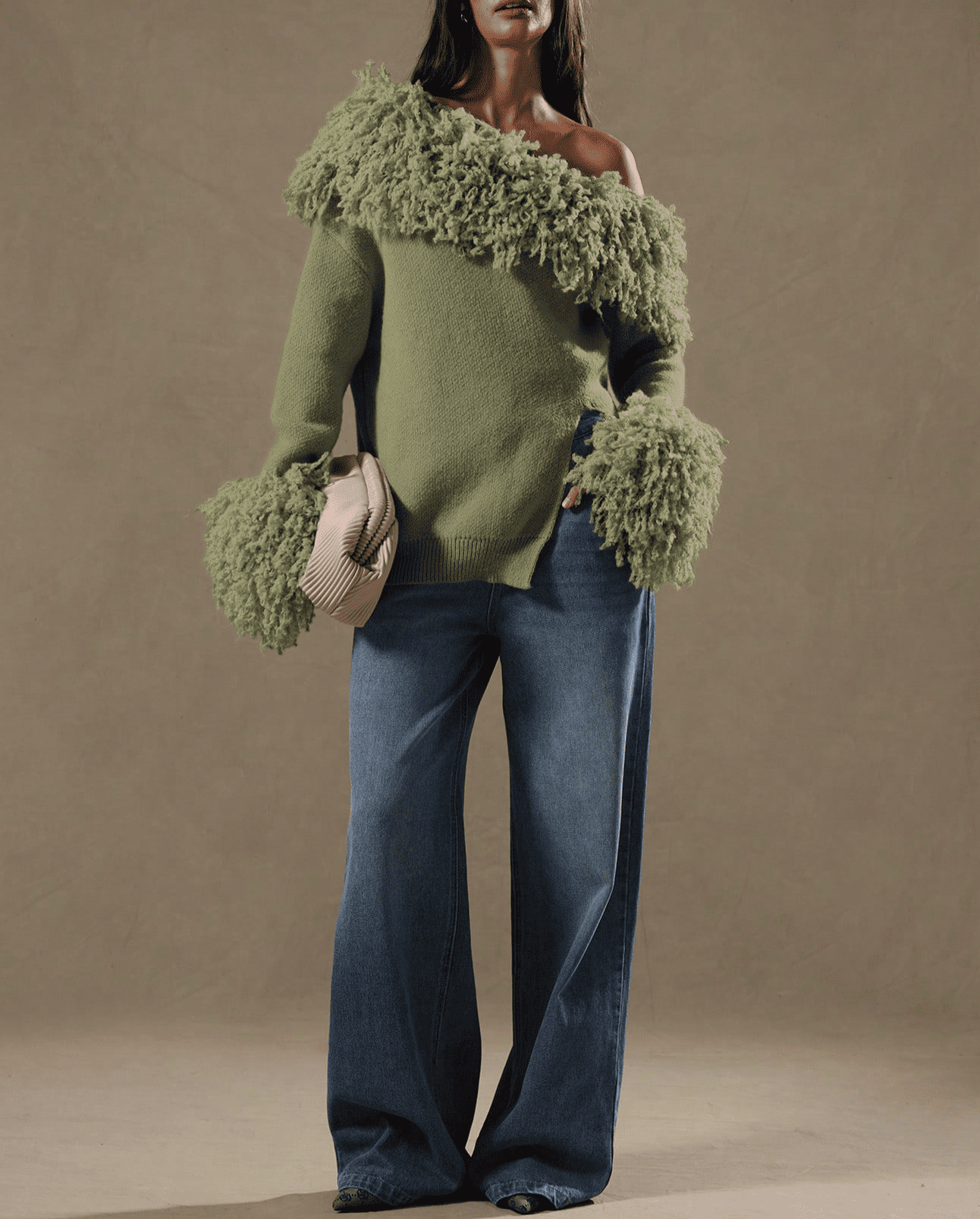 Shaggy Knit Asymmetrical Shoulder Top