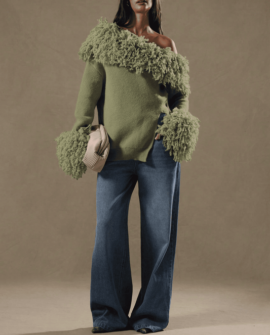 Shaggy Knit Asymmetrical Shoulder Top