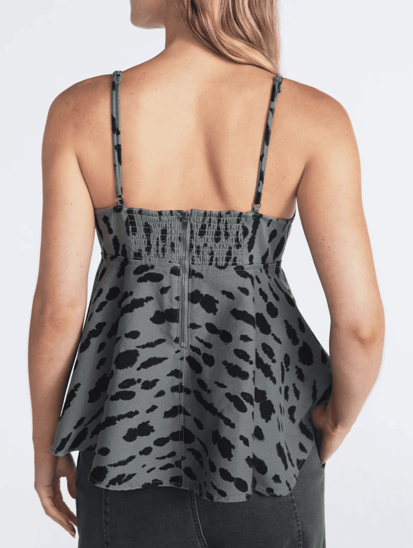 Denim Peplum Top+Animal Print Barrel Jeans