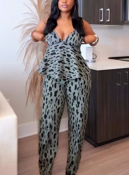 Denim Peplum Top+Animal Print Barrel Jeans