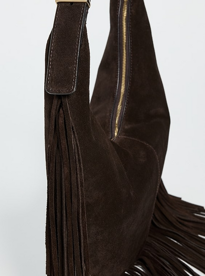 Essential Curve Shoulder Bag in Fringed Suede