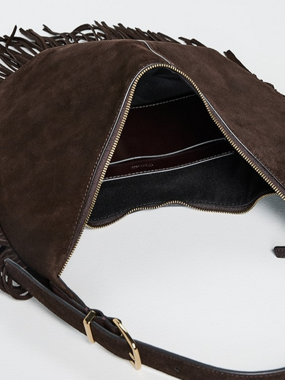 Essential Curve Shoulder Bag in Fringed Suede