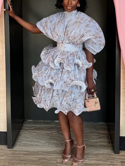 Lace Print Full length Tiered Dress