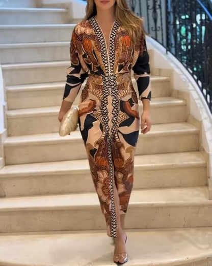 Printed Deep V-Neck Midi Dress