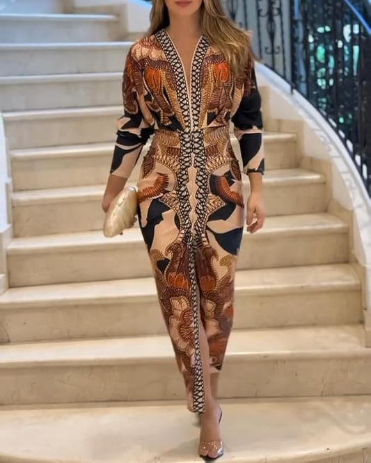 Printed Deep V-Neck Midi Dress